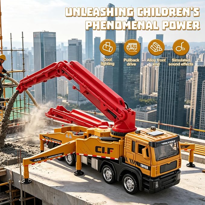 1:50 Die-Cast Concrete Pump Truck Toy, Pull-Back with Lights & Sounds, One-Key Water Spray, Opening Doors Extendable 4-Joint Robotic arm, for Kids 3-9