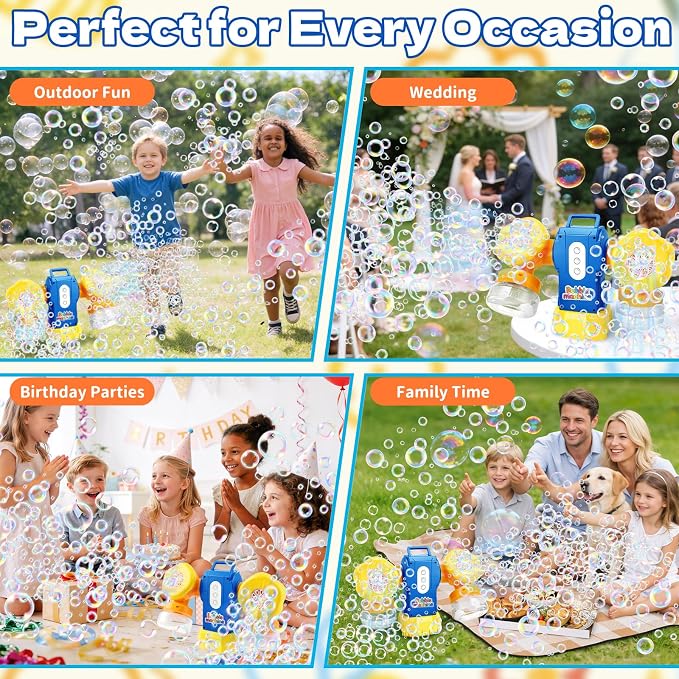 Dual-Engine Bubble Machine with LED Lights & Automatic 360° Rotation & 90° Adjustable, Type-C Rechargeable Bubble Blower Maker for Kids Birthday Parties Weddings Outdoor Activities