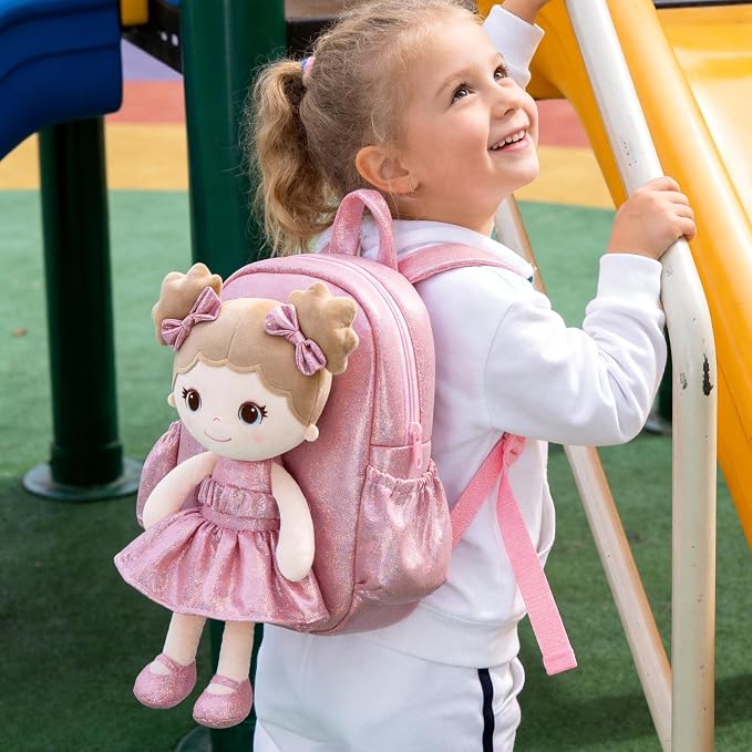 Lazada Toddler Backpack - Baby Girl Gifts Curly Fingerprints Plush Doll Dress Backpack - Fashion Girls Curly Rolled Fingerprints Series - Apricot Pink 11 Inches