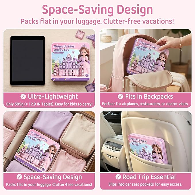 Magnetic Tiles Girls Travel Toy: 42 PCS Pink Glitter Building Blocks Castle Tin Box - 120 Mins Quiet Play 60s Cleanup - Toddler Kids Gift Age 3 4 5 6