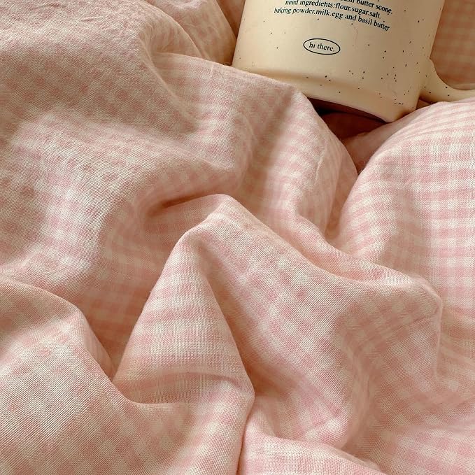 LifeTB Pink Gingham Comforter Set Full Size Soft Fluffy Romantic Lace Bedding Set Cottagecore Cute Plaid Checkered Comforter Set 3 Pieces Pink Grid Farmhouse Bedding Comforter with 2 Pillowcases