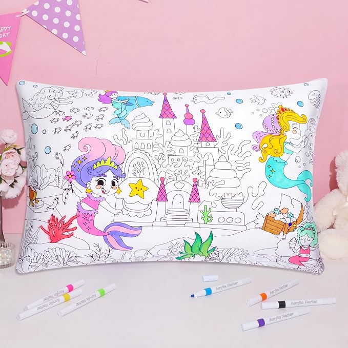 Mindsoft Coloring Craft Coloring Pillowcase Mermaid Pillowcase with 12 Pcs Markers Pens for Decoration Supplies Craft, 28.7 x 19.7 Inch