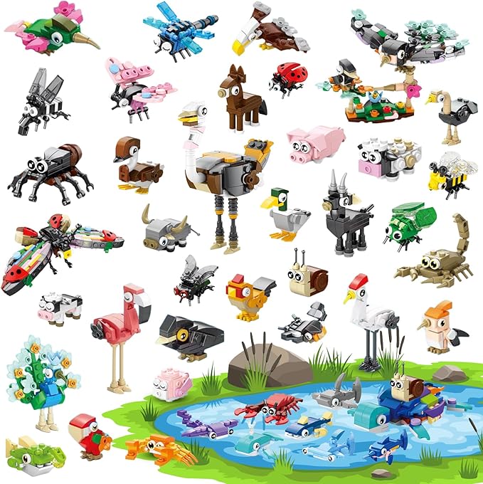 40 Packs Party Favors for Kids – 999+ PCS Animal Building Blocks, 4 Themes: Ocean Birds Insects Farm – DIY Toys for Boys Girls Ages 6-12, Goodie Bag Stuffers, Classroom Prizes, Easter Basket Stuffers