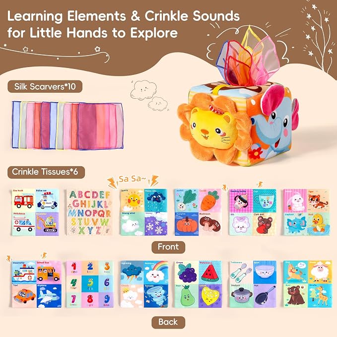 Baby Tissue Box Toy - Montessori Sensory Toys for 6-12 Months Infant, Baby Toys 6 7 8 9 Month - 1 Year Old with 6 Crinkle Tissues & 10 Scarves, Developmental Tissue Pulling Toy Boy Girl Birthday Gift