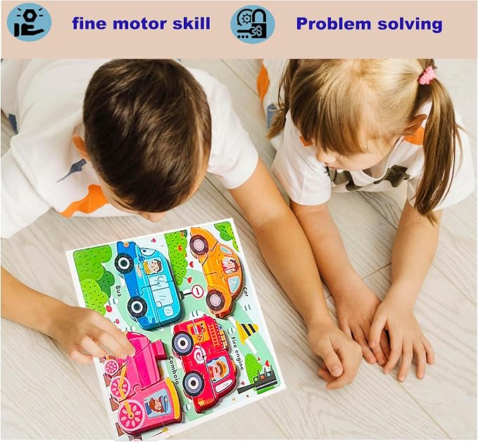 Jumbo Base Wooden Blocks Puzzles for Toddlers 1-3 ，Educational Toys for 2-3 Years Old,Toddler Montessori Gifts Vehicle Car Truck Puzzles Ages 2-4