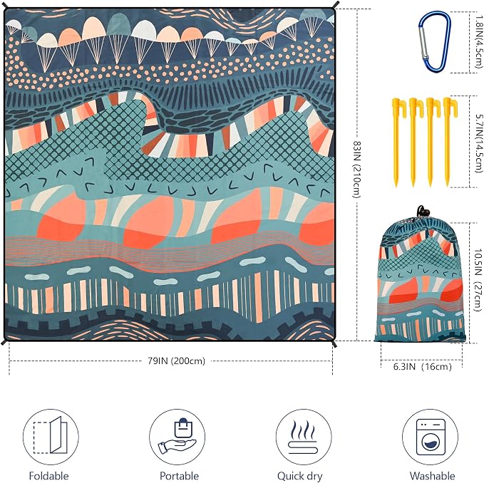 WIWIGO Beach Blanket Waterproof Sandproof Beach Mat 79" X 83"/10'x9'for 2-8 Adults Quick Drying Outdoor Picnic Mat Beach Accessories for Travel, Camping, Hiking