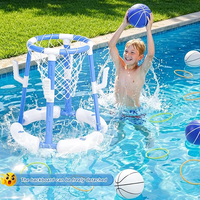 2 in 1 Pool Basketball Hoop with Backboard & Ring Toss Game,Floating Pool Toys with 4 Balls 8 Rings&Pump Summer Water Basketball Indoor Outdoor Toy Gifts Family Party for Kids Age 3-5 4-8 8-12& Adult