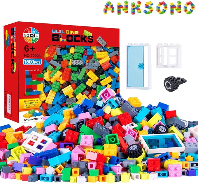 1500 Pieces Building Bricks for Kids with Doors, Windows, Wheels, Tires, Axles, Classic Building Bulk Blocks Compatible with All Major Brands for Boys Girls Ages 3 4 5 6 7 8 9 10 Year Old