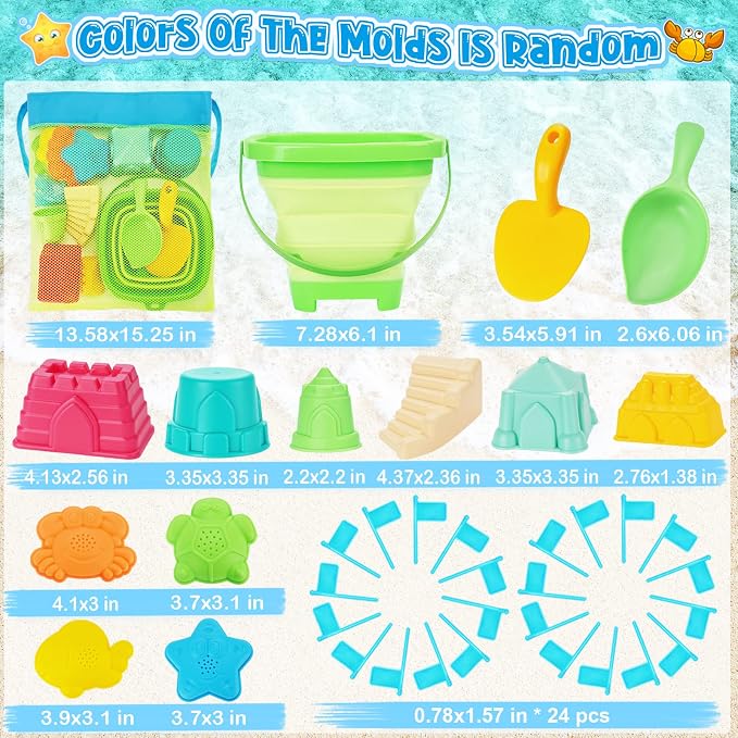 RACPNEL Collapsible Beach Toys for Kids, Foldable Sand Bucket and Shovels Set with Mesh Bag, Sand Castle Building Kit, Sandbox Toys, Travel Sand Toys Beach Essentials for Toddlers Age 3-10