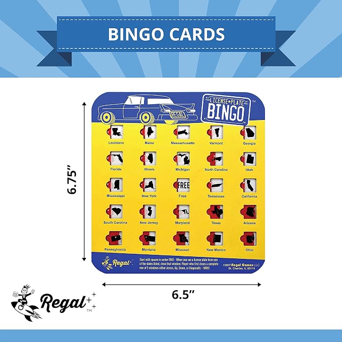 Regal Games Finger-Tip Shutter Bingo Cards with Sliding Windows - License Plate & Bingo Travel Game Set for Adults & Kids - Reusable, No Chips & Daubers Needed - 4 Packs - Yellow