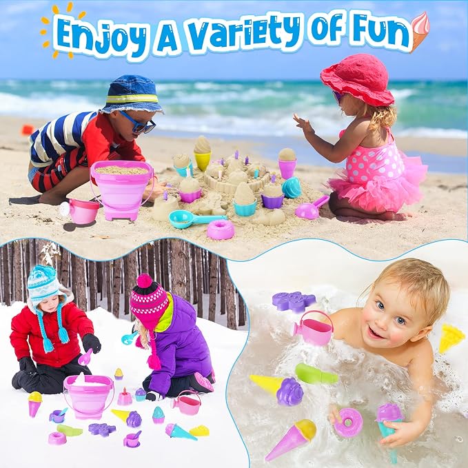 TSDATOWR Ice Cream Beach Toys Sand Toys Set for Kids, Collapsible Sand Bucket and Shovels Set with Mesh Bag, Sand Molds, Watering Can, Sandbox Toys for Kids and Toddlers, Travel Sand Toys for Beach
