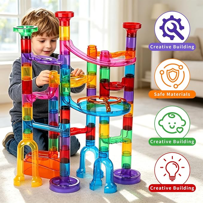 EagleStone 79PCS Transparent Marble Run STEM Maze Building Toy Play Set | 49 Track Pieces With Glow-In-The-Dark Glass Marbles, Building Toy For Kids Ages 3-12, Educational Gift For Boys And Girls