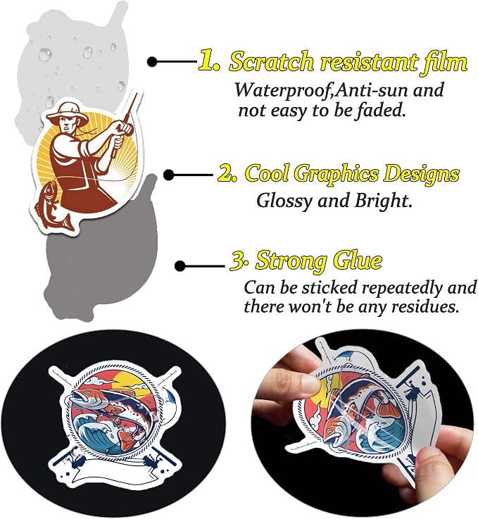 QTL Fishing Stickers for Men Adults, Fishing Party Supplies, Waterproof Vinyl Stickers for Water Bottles and Laptop, 60PCS