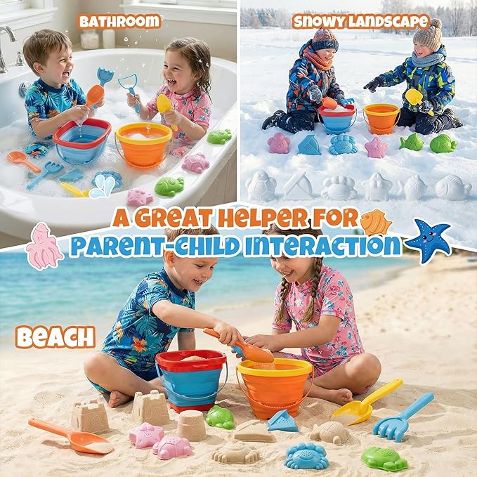 Beach Sand Toys Set for Toddlers, Portable Travel Beach Toys with 2 Collapsible Buckets, 2 Shovels, 2 Rakes, 6 Molds & Mesh Storage Bag for Kids, Summer Gift