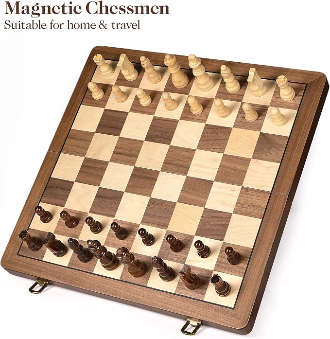 ELONGDI 15" Wooden Chess Set with Magnetic Pieces - Extra Queens - Folding Chessboard Portable Travel Tournament Chess Board Games for Adults Kids