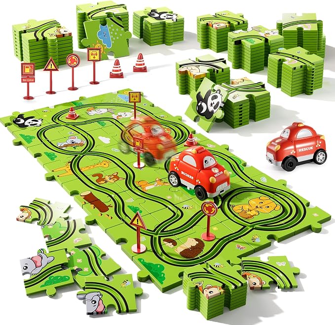 Bennol 39PCS Puzzles Race Tracks Car Toys for 1 2 3 4 5 Year Old Boys Toddlers, Cars Gifts Puzzle Set with Race Track, Toddler Car Toy Set for Kids Boys Girls