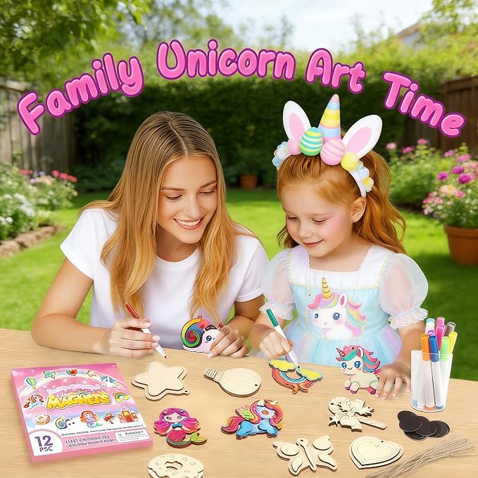 12 DIY Unicorn Wooden Magnets - Arts Crafts Painting Kits For Kids, Creative Art Supplies Paint Gift For Birthday Party Favors Family Easter Crafts Decorations Unicorn Toys For Girls Boys Ages 4-12