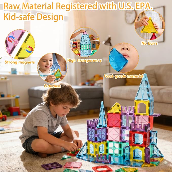 Antibacterial Magnetic Tiles 58PCS, STEM Toy for Kids Aged 3+ | Bacteria resistant, Safer play, EPA-registered, Fits other brands, ABS plastic, Montessori toy, Daycare, Classroom gift