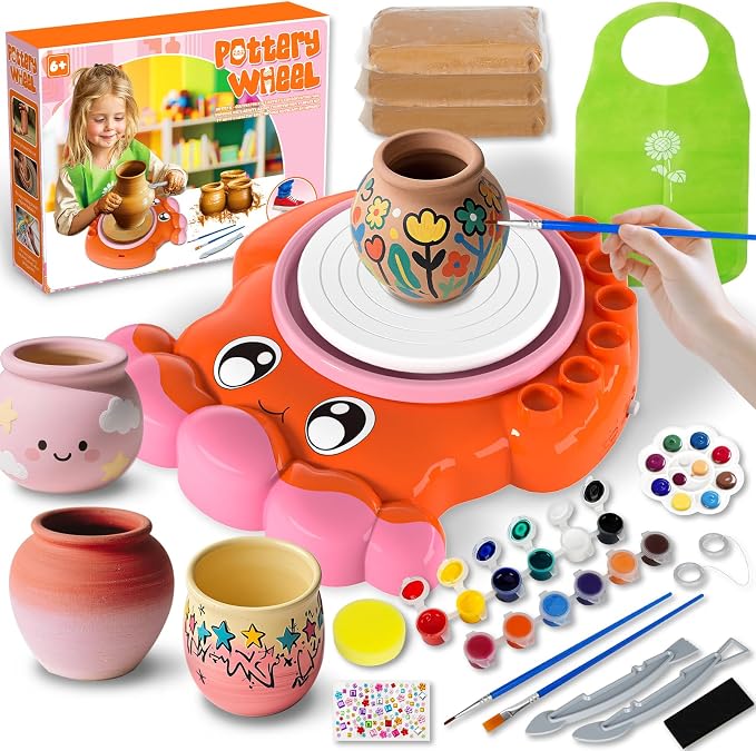 Innofans Pottery Wheel for Kids - Complete Pottery Tools Kit for Beginners, Arts and Crafts for Kids Ages 8-12 with 3 Pack Air Dry Clay, Mini Clay Making Pottery Wheel with Foot Pedal (Octopus)