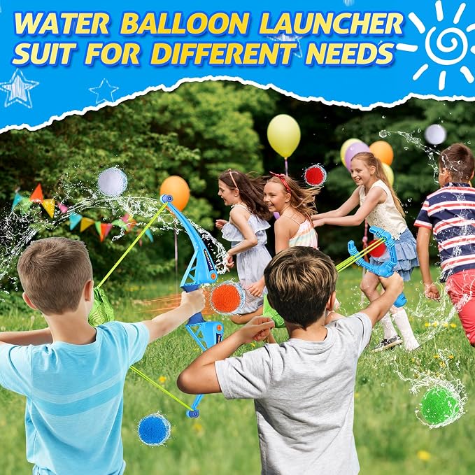 SUPER JOY Reusable Water Balls Water Toys for Kids, 2 PCS Water Balloons Slingshot Launcher 2 PCS Bow Launcher With 24 Colorful Water Balls for Outdoor Toys, Summer Water Bomb Toy for Boys Girls
