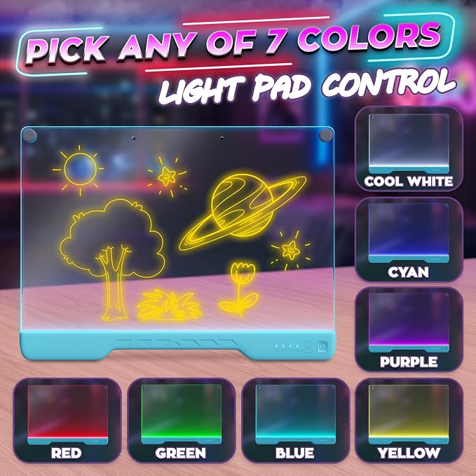 Upgraded 16” LED Drawing Board – Rechargeable, 7 Colors, 10 Light Modes, Adjustable Brightness – Acrylic Light Board for Tracing with Stand, Markers and Full Kit – Birthday Gift Set (Blue)