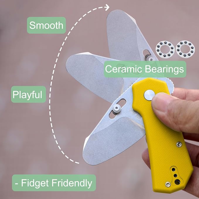 JIN Rhino Jr. Kids Pocket Knife, DIY Knife Kit, Fidget Toy Knives, 1.97” Unsharpened Steel Blade, Rounded Tip, Button Lock Folding EDC, Yellow G10 Handle