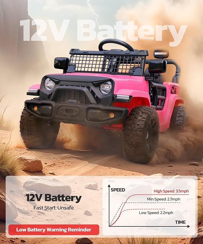 ELEMARA Kids Ride on Car, 12V Ride on Toys w/Remote, Electric Cars for Kid w/Bluetooth, LED Lights, Battery Car for Toddlers, Battery Powered Off-Road Vehicle w/Shock Absorbers, Kids Driving Car-Pink