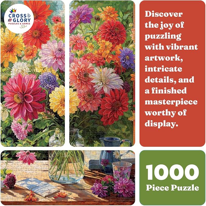 Cross & Glory - Rainbow Dahlia Delight - 1000 Piece Jigsaw Puzzle for Adults | Vibrant Flower Collection | Satin Finish | Challenging & Colorful Art