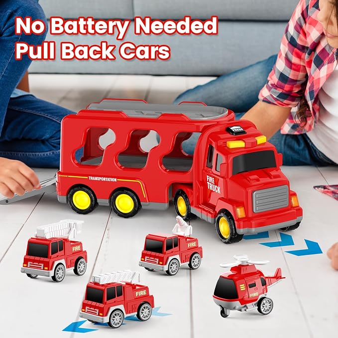 FunMission Toddlers Fire Truck for Kids 3-9 Year Old，5 in 1 Friction Power Vehicle Car for 3 4 5 6 7 Years Old Boys Girls，Carrier Truck Transport Toys for Christmas and Birthday Gifts