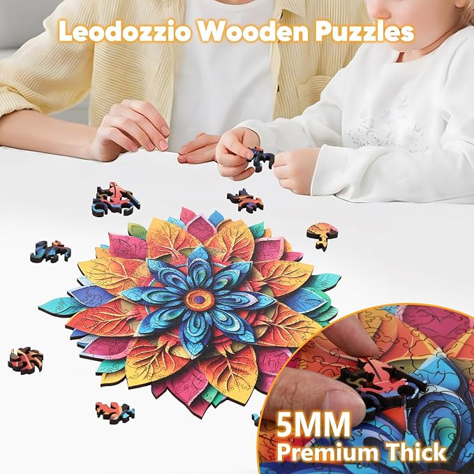 Leodozzio Puzzles for Adults 200 Pieces, Color Flower Wooden Jigsaw Puzzles, 5MM Thick Unique Plants Shaped Wooden Puzzle, Birthday Gift Family Game, 11.3x11.4 Inch