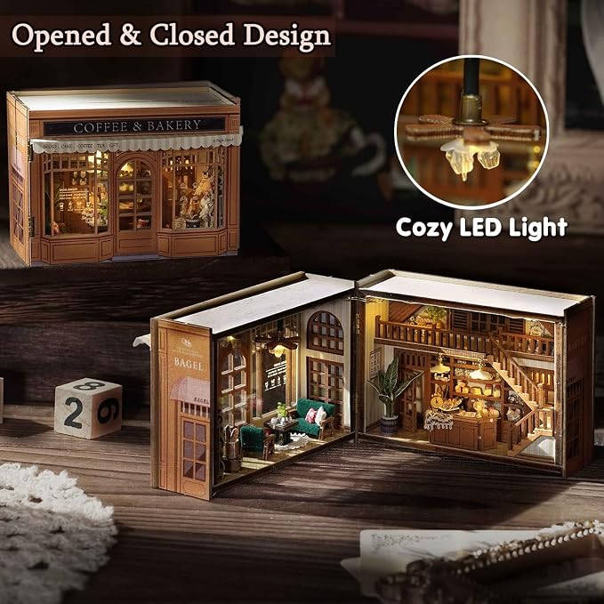 TuKIIE DIY Miniature Dollhouse Kit with Furniture, 1:32 Scale Opened & Closed Mini Cube Wooden Doll House Book Nook Creative Room for Kids Teens Adults(Bagel Time)