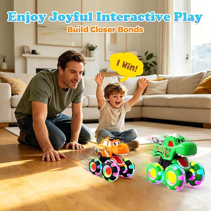 3 Pack Monster Truck Toys for Toddlers 1-3, Press & Go Cars with Flashing LED Wheels & Moving Mouth, Dinosaur Cars for 2 3 4 One Two Year Old Boy Birthday Gifts