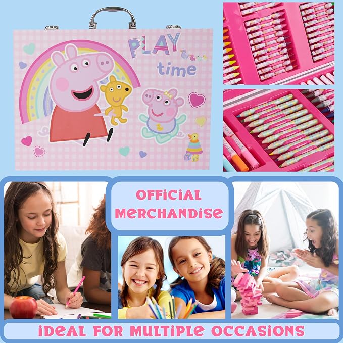 Peppa Pig Colouring, Arts & Crafts Set for Kids, 137 Pcs Stationary Supplies, Colouring Paper Pencils Crayons Eraser & Sharpener, Gifts for Girls