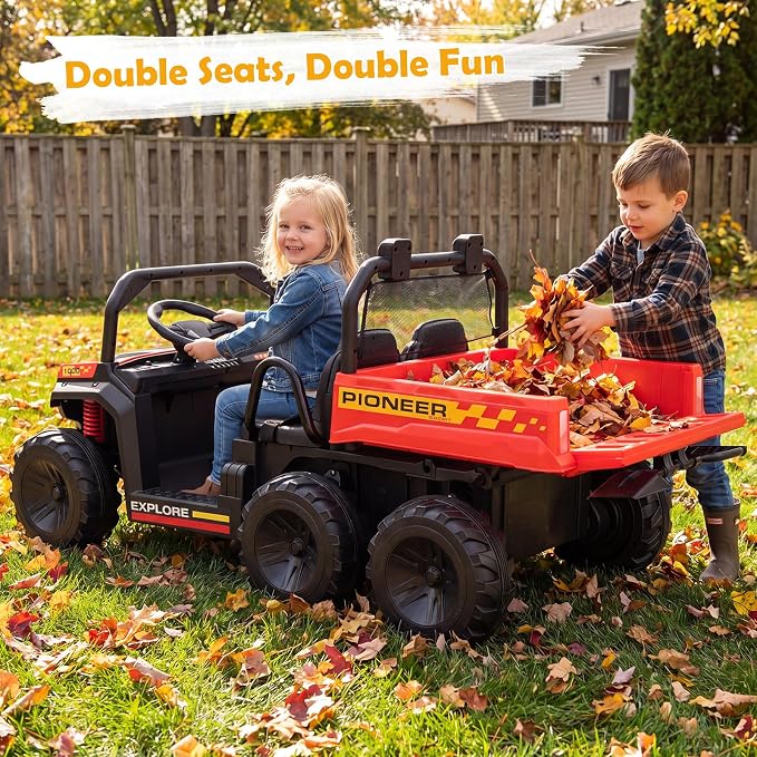 Costzon 2-Seater Ride on Dump Truck, 4WD 24V Kids Car Electric Vehicle with Remote Control, Electric Dump Bed, Shovel, Music, Story, Lights & Wireless Connection, Kids UTV for Boys Girls, Gift (Red)