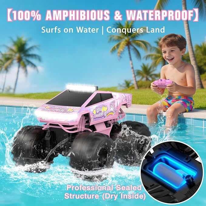 Remote Control Car, Unicorn Amphibious RC Cars for Girls Boys, 2.4GHz Waterproof Monster Truck All Terrain Off-Road Vehicle, 360° Flips RC Crawler with 2 Batteries, Toys Gifts for Age 6 7 8 9 10+
