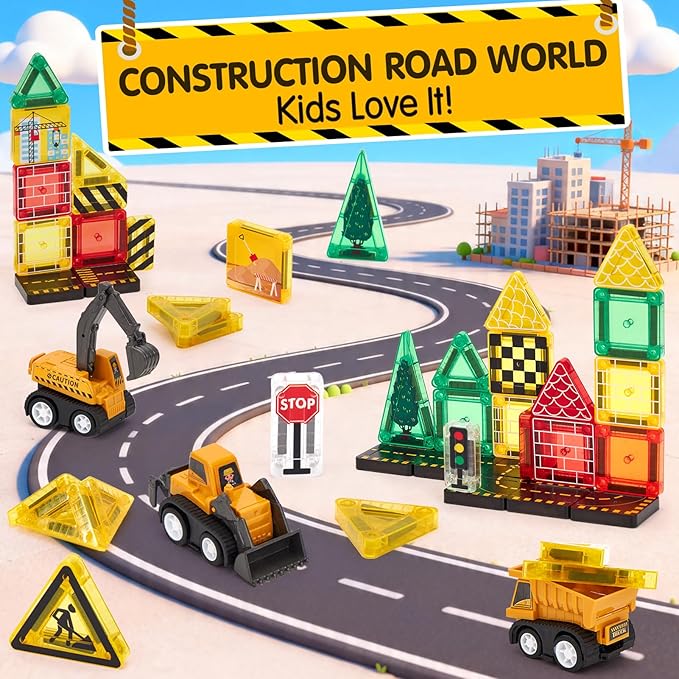 hahaland Mini Magnetic Tiles Travel Road Construction Toys Magnetic Building Blocks with Engineering Vehicles Trucks Case 2-in-1 Road-Themed Box Montessori Birthday for 3-6 Year Old Toddler