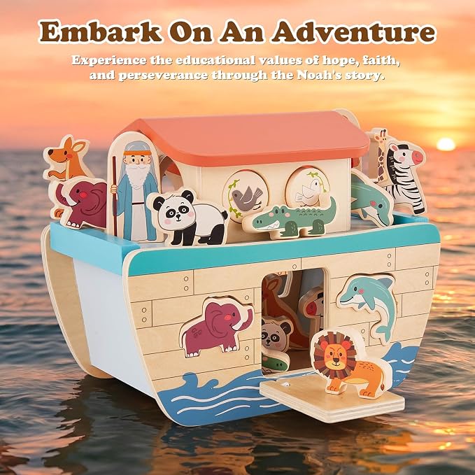 HERSITY Wooden Noah's Ark Toy for Montessori Learning 1 Year Old Baby Boy and Girl, Baptism Gift Wooden Animal Shape Sorter First Birthday Presents for Toddlers 1-3
