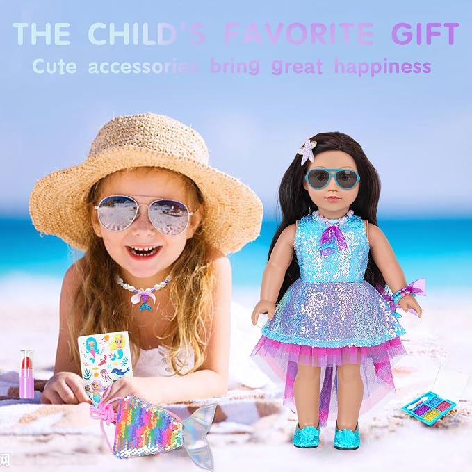 American 18 Inch Doll Makeup Accessories and Mermaid Clothes Set,Included 2 Pieces Clothes,Mermaid Messenger Bag,Starfish Hairpin,Lipstick,Necklace,Bracelet,Eye Shadow and Sticker(NO Doll and Shoes)