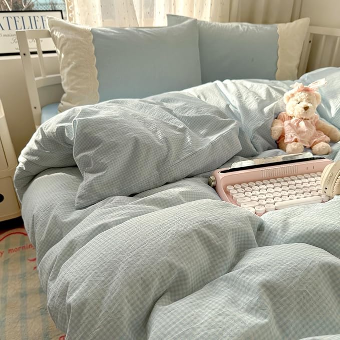 LifeTB Twin XL Comforter Set Blue Gingham Comforter with 2 Pillowcases Princess Lace Style Blue Plaid Grid Comforter Lightweight Soft Gingham Bedding Vintage Plaid Checkered Comforter Set Twin XL