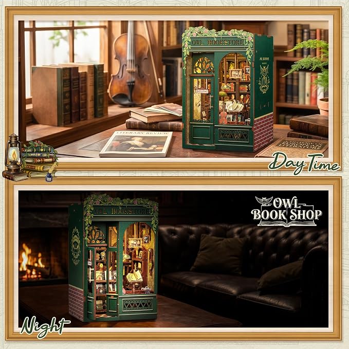 Cutefun Book Nook Kit - DIY Miniature Dollhouse Kit for Adults, Teens and Beginners, Tiny House Bookshelf Decor 3D Wooden Puzzles, Best Birthday and Valentine's Day Gifts (Owl Bookstore)