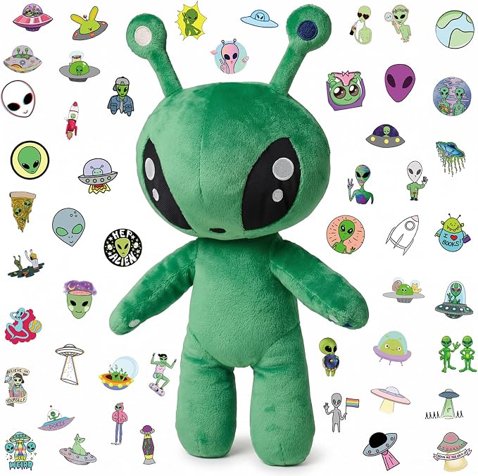 51-PCS Alien Plush Toy Set | 1 Green Alien Plush + 50 Space Themed Stickers | DIY Cosplay Ultra Soft Stuffed Alien Creature Figure | Cute Stuffed Animal Pillow | Ideal Gift for Sci-Fi Lovers Decor