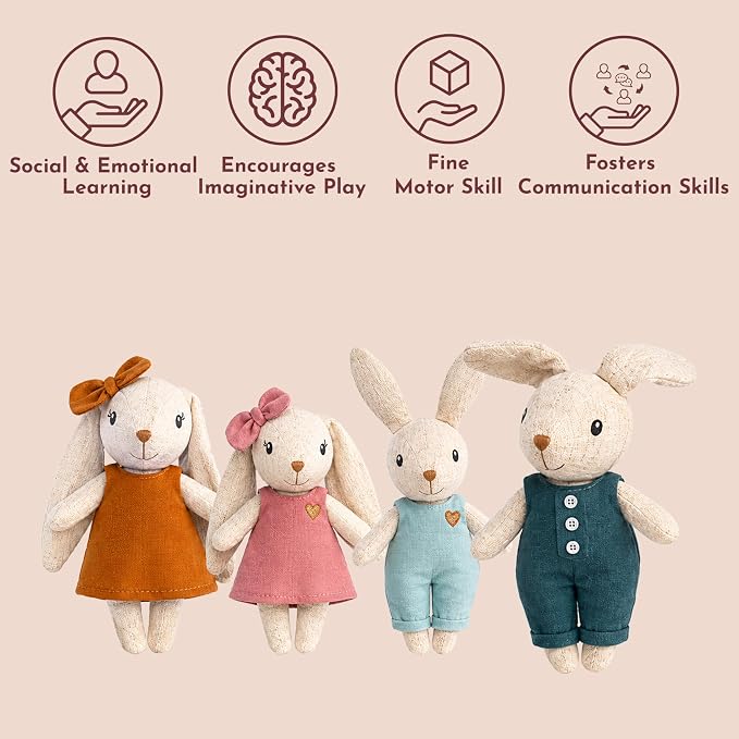 SPEEDY MONKEY Rabbit Family Set – Miniature Bunny Figures with Parents & 2 Baby Rabbits – Pretend Play Doll House Family for Kids, Toddlers, Girls – Cute Dollhouse Decor Toy