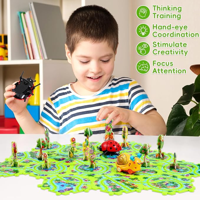15Pcs Puzzle Racer Kids Car Track Set for Kids, Race Tracks for Toddlers Ages 3-8, Puzzle Track Car Play Set, Educational Puzzles Cars Toys Gifts for 3 4 5 6 7 Year Old Boys (Snail Ladybug)