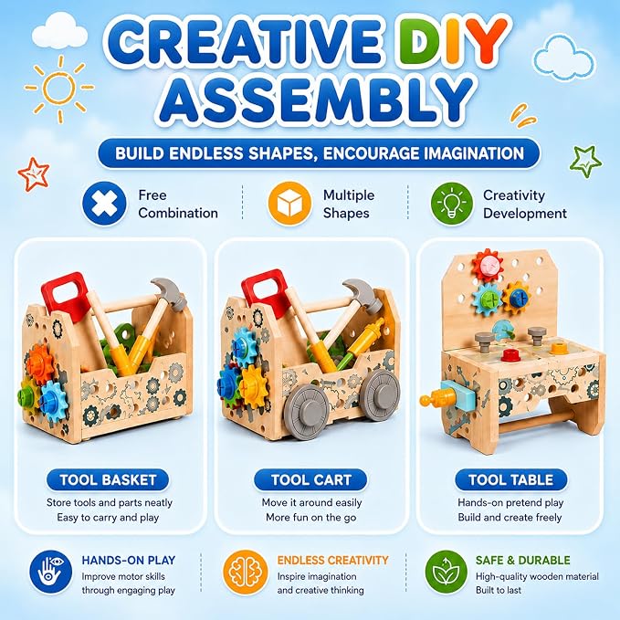 Kids Tool Set Toy, Wooden Building Tools Set with Hammer, Saw, Screwdriver, Gears, Montessori STEM Educational Construction Toy, Pretend Play Repair Tools for 3+ Year Old Boys & Girls, Birthday Gift