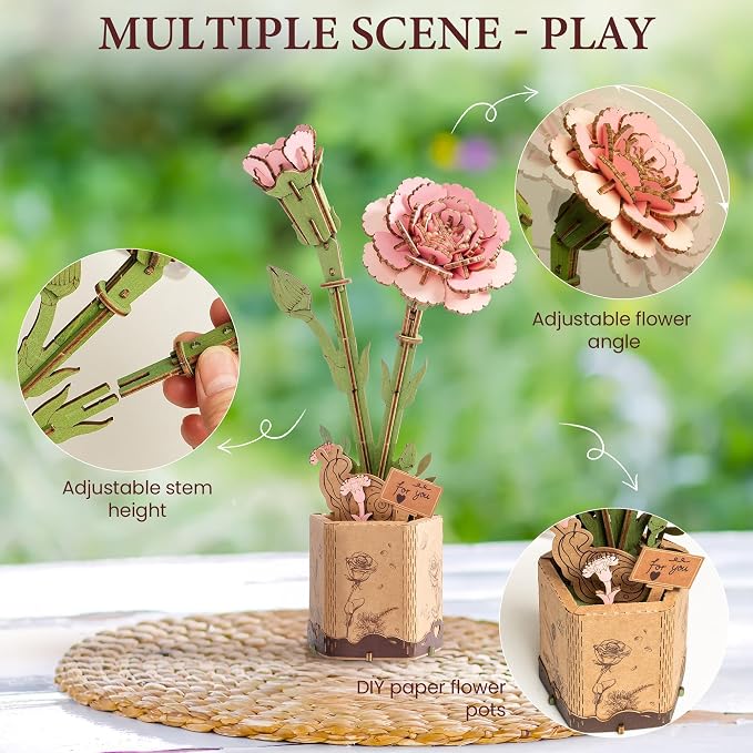 ROBOTIME 3D Pink Carnation Wood Flower Puzzle Kit TW051, DIY Artificial Table Centerpiece for Home Decor, Mother's Day, Birthday Gift for Mom and Women