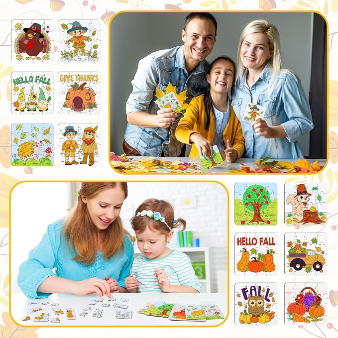 Realspring 24 Pack Fall Color Your Own Jigsaw Puzzles for Kids Ages 3-5, 4-6, 6-8, Coloring Thanksgiving Crafts DIY Paper Puzzles Party Favors Gifts for Toddler Children Learning & Education Toys