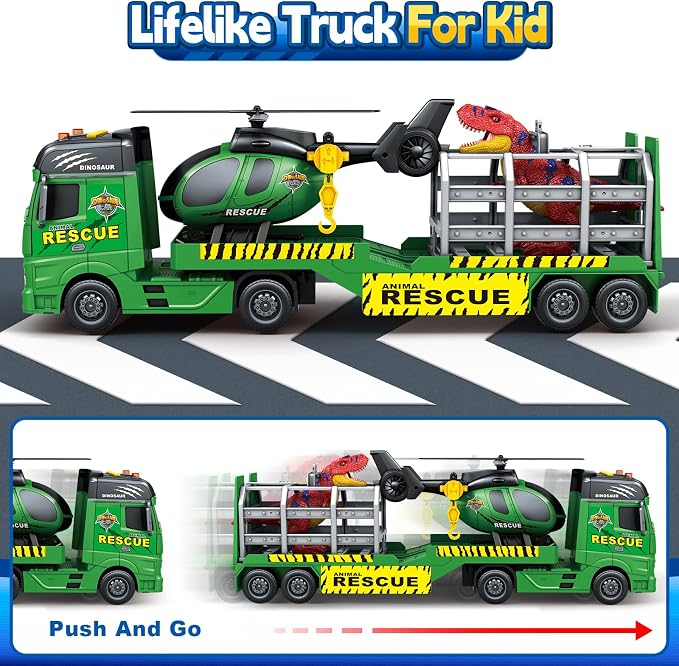 SpringFlower Toddler Truck Boy Toys, Large Dino Truck Toy with Helicoper and Dinosaur, 3 in 1 Boy Toy for 3 4 5 6 7 Year Old, Christmas Birthday Gifts for Kids 3 4 5 6 Years Old