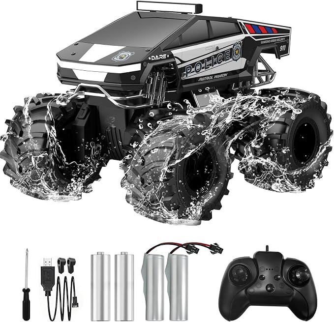 Qrytoi Police Cyber Remote Control Car, 1:18 Amphibious RC Car for Boys and Girls, 2.4GHz Waterproof Monster RC Car with 2 Rechargeable Batteries, Remote Control Truck Toys for Kids 6+