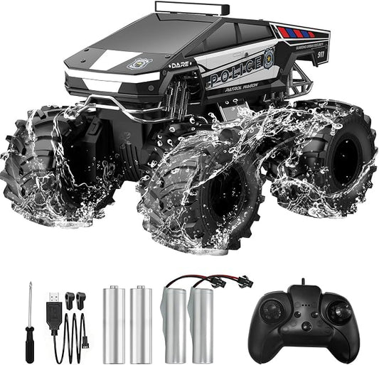 Qrytoi Police Cyber Remote Control Car, 1:18 Amphibious RC Car for Boys and Girls, 2.4GHz Waterproof Monster RC Car with 2 Rechargeable Batteries, Remote Control Truck Toys for Kids 6+