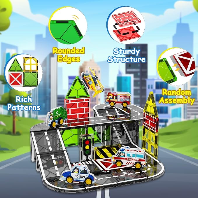Magnetic Tiles Road Car Set,Magnetic Building Blocks for Kids, Learning Sensory Montessori Toys for 3-8 Year Old Boys Girls, Birthday Gifts for 3-8 Year Old Boys Girls, STEM Toys for Toddler
